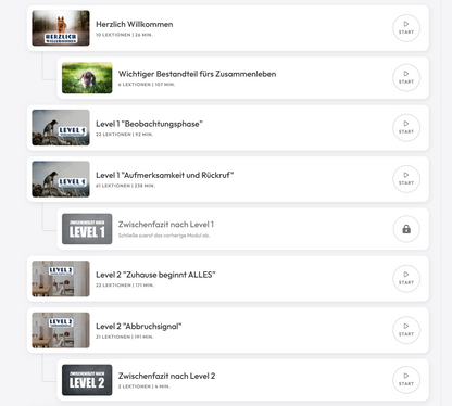 Modulübersicht der Akademie mit Willkommensmodul sowie Level 1 und Level 2, jeweils mit Lektionsanzahl und Dauer. Das Zwischenfazit nach Level 1 ist gesperrt und wird erst nach Abschluss des vorherigen Moduls freigeschaltet